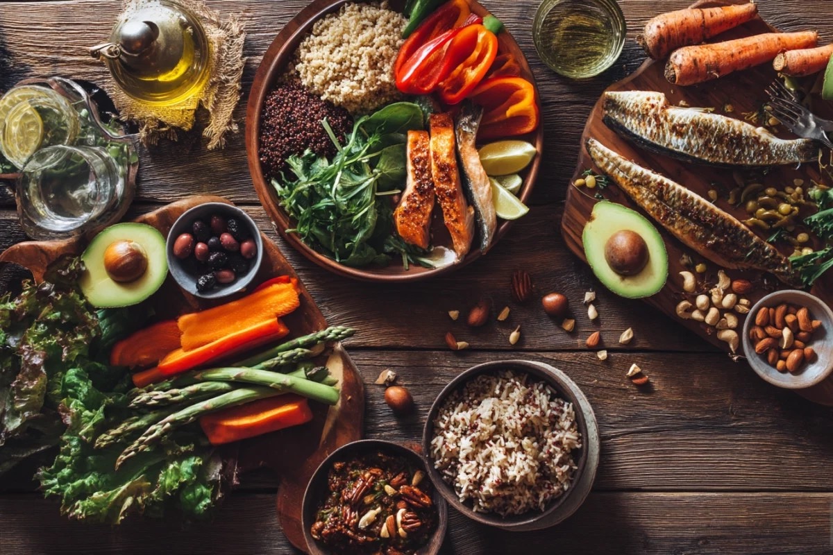Fresh whole foods including greens, berries, avocado and grains on a linen background